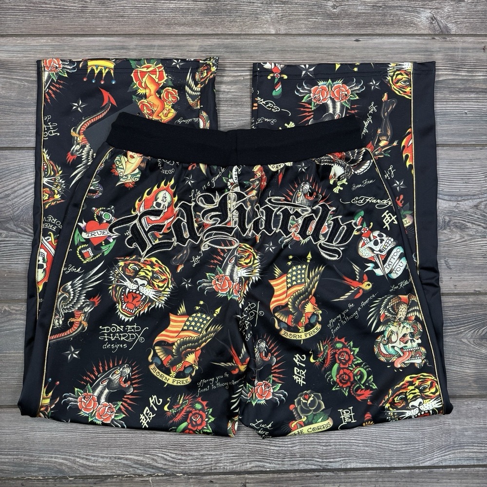 Ed Hardy Flashboard Track Pant Black Gold Embroidered Size Medium Tiger Skull‎ - Picture 11 of 13